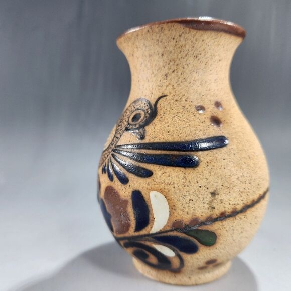 Mini Tonala Vase 4" Brush Holder Studio Pottery Hand Painted Bird Signed Mexico - Picture 7 of 11